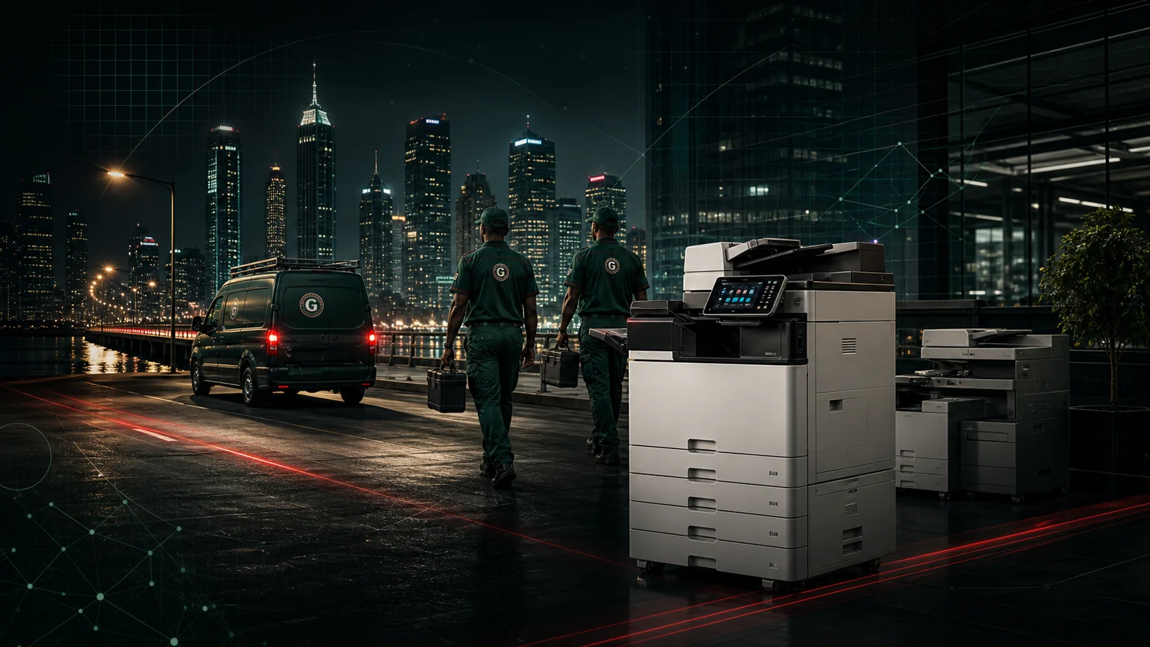 Cinematic concept artwork showing managed print field service, office towers and multifunction print equipment.